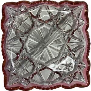 Vintage Cranberry Glass Divided Square Dish Diamond Pattern 3 Section Small Cand